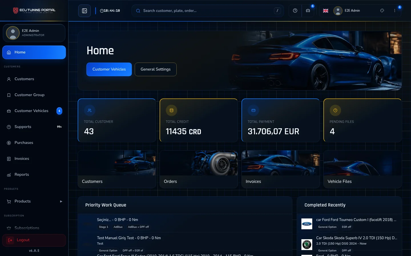 ECU Tuning Portal admin dashboard